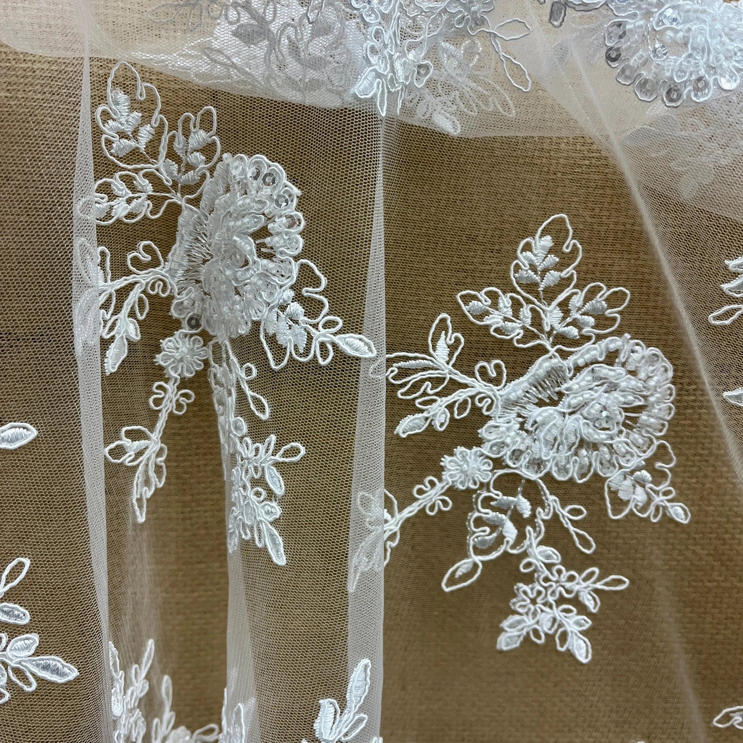 Beaded & Corded Bridal Lace Fabric Embroidered on 100% Polyester Net Mesh | Lace USA - 96788W-HB - Ladjyanoo