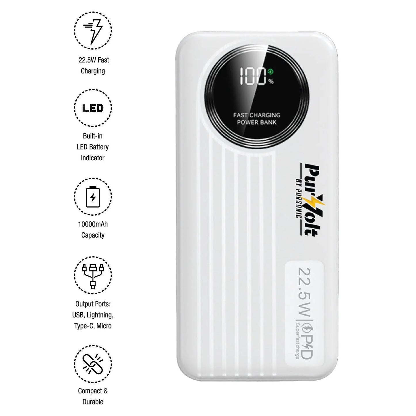 Pursonic 10,000mAh LED Fast Charging Power Bank – Built-in Cables, 22.5W Output, Type-C/USB/Lightning Compatibility - Ladjyanoo