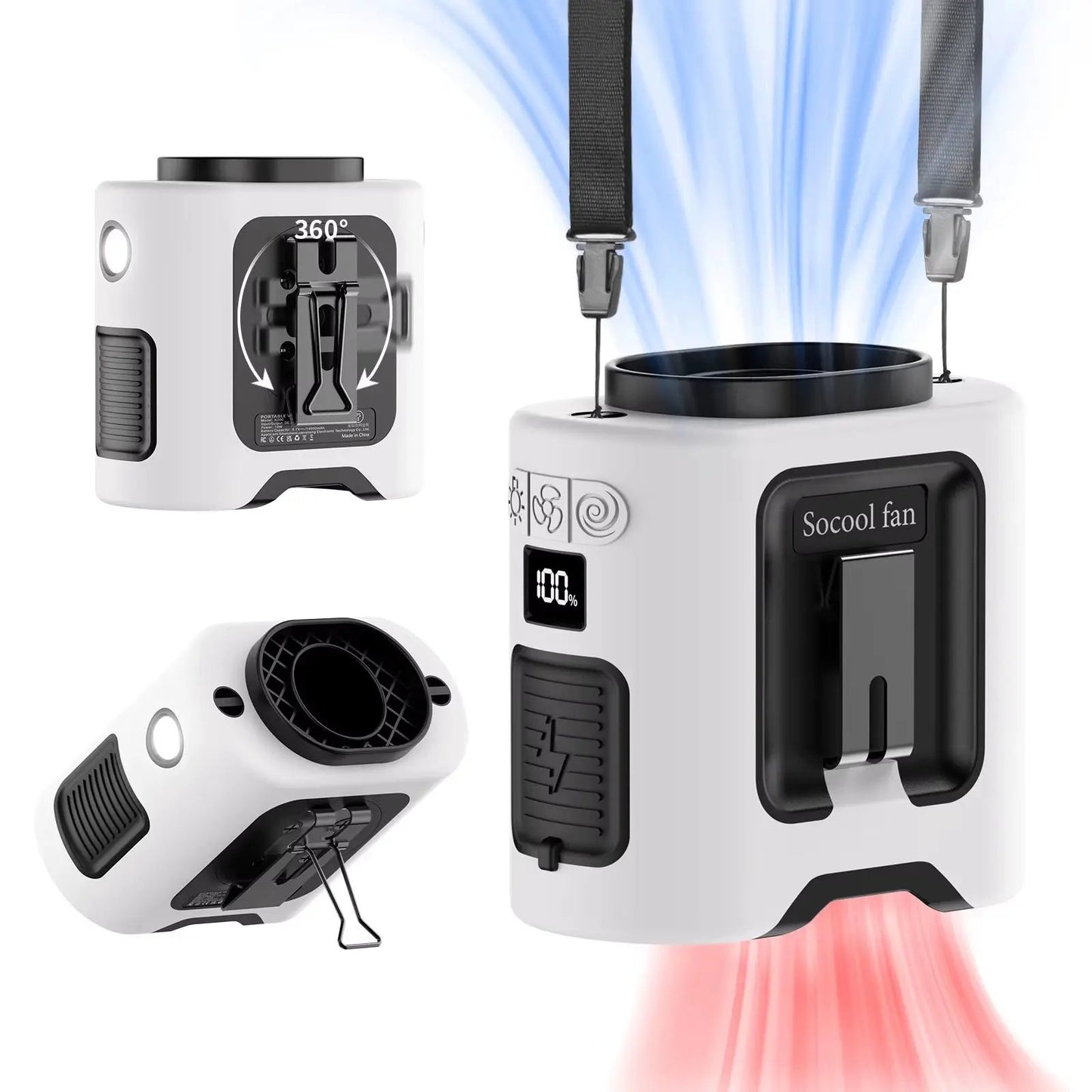 Socool 14500Mah Waist Fan Portable Hanging Neck Fan Storm Wind with 360° Rotating Clip Phone Charging Light for Outdoor Working