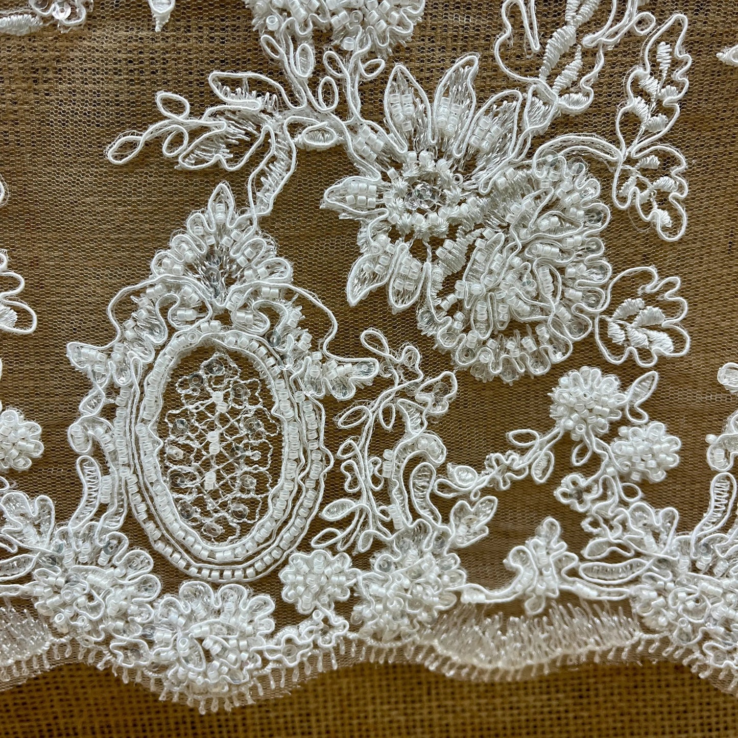 Beaded & Corded Bridal Lace Fabric Embroidered on 100% Polyester Net Mesh | Lace USA - 96788W-HB - Ladjyanoo