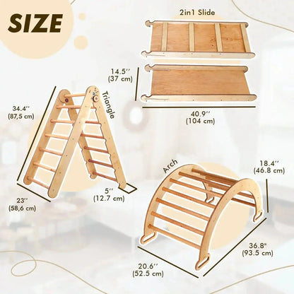4in1 Montessori Climbing Set: Triangle Ladder + Climbing Arch + Slide Board & Cushion – Beige - Ladjyanoo