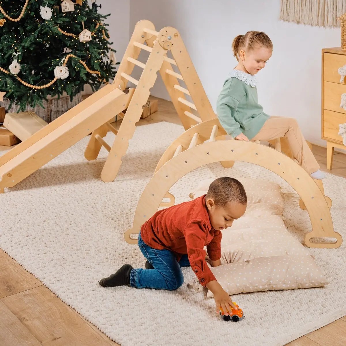 4in1 Montessori Climbing Set: Triangle Ladder + Climbing Arch + Slide Board & Cushion – Beige - Ladjyanoo