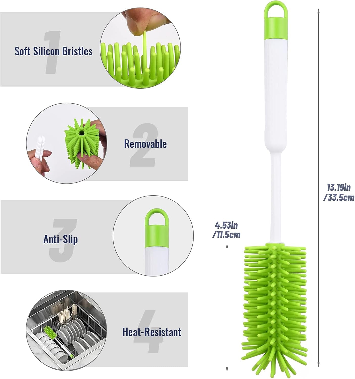 Silicone Bottle Brush Straw Cleaner with Transparent Hooks, Long Water Bottle Brush for Cups Hydro Flasks Wine Glasses Dishes