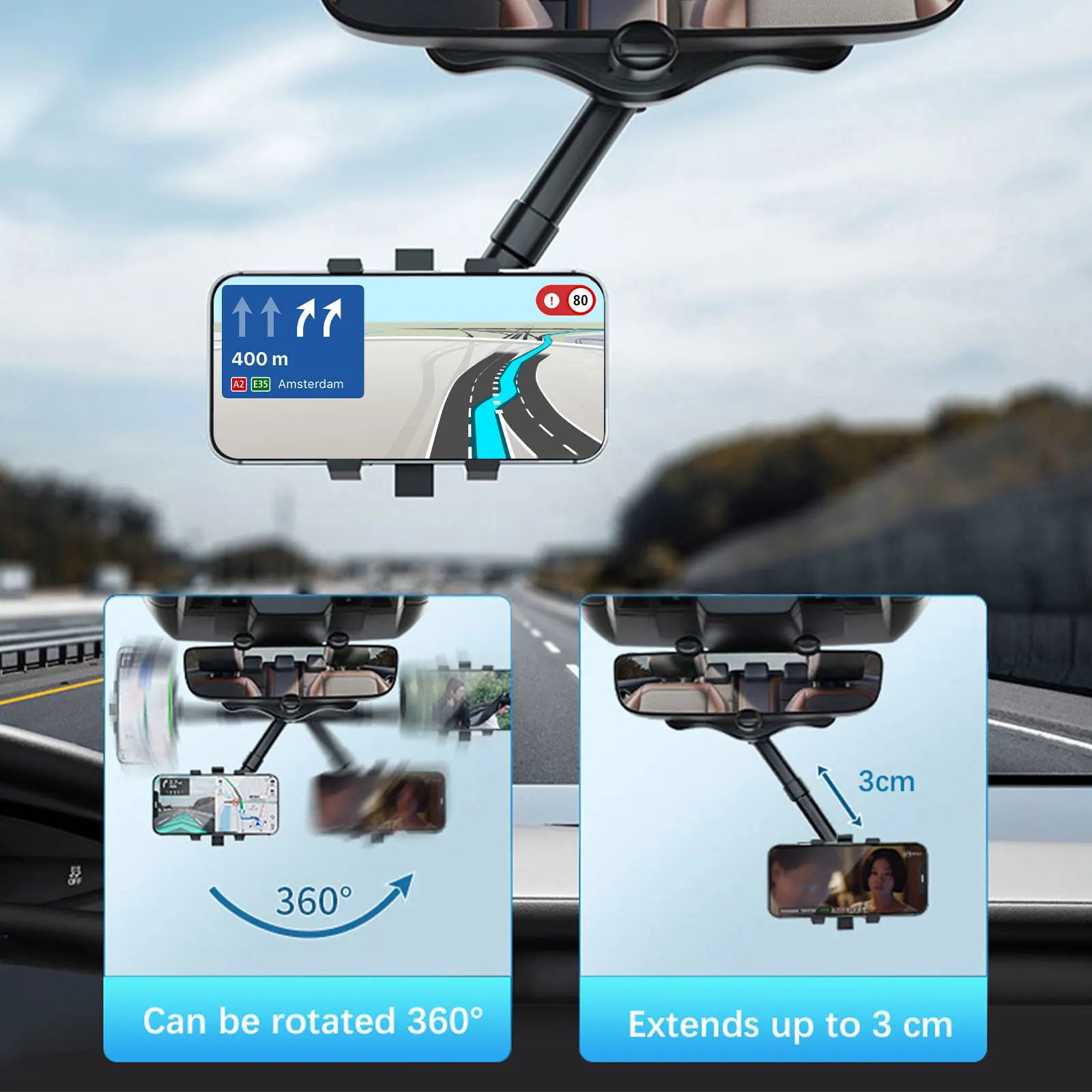 Rearview Mirror Phone Holder for Car Mount Phone and GPS Holder Universal Rotating Adjustable Telescopic Car Phone Holder