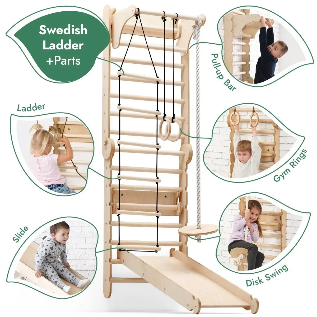 6in1 Wooden Swedish Wall / Climbing ladder for Children + Swing Set + Slide Board - Ladjyanoo
