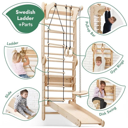 6in1 Wooden Swedish Wall / Climbing ladder for Children + Swing Set + Slide Board - Ladjyanoo