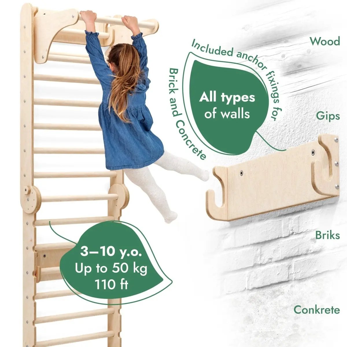 6in1 Wooden Swedish Wall / Climbing ladder for Children + Swing Set + Slide Board - Ladjyanoo