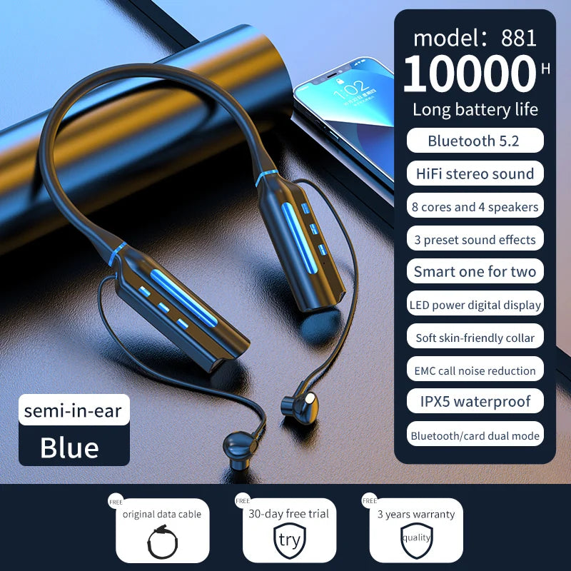 10000Mah 10000Hours Playback Wireless Bluetooth Earphones Magnetic Sports Running Headset Neckband Sport Earbuds Noise Reduction