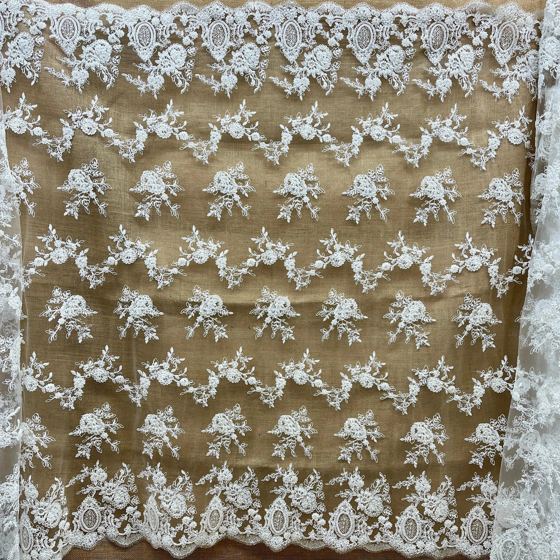 Beaded & Corded Bridal Lace Fabric Embroidered on 100% Polyester Net Mesh | Lace USA - 96788W-HB - Ladjyanoo