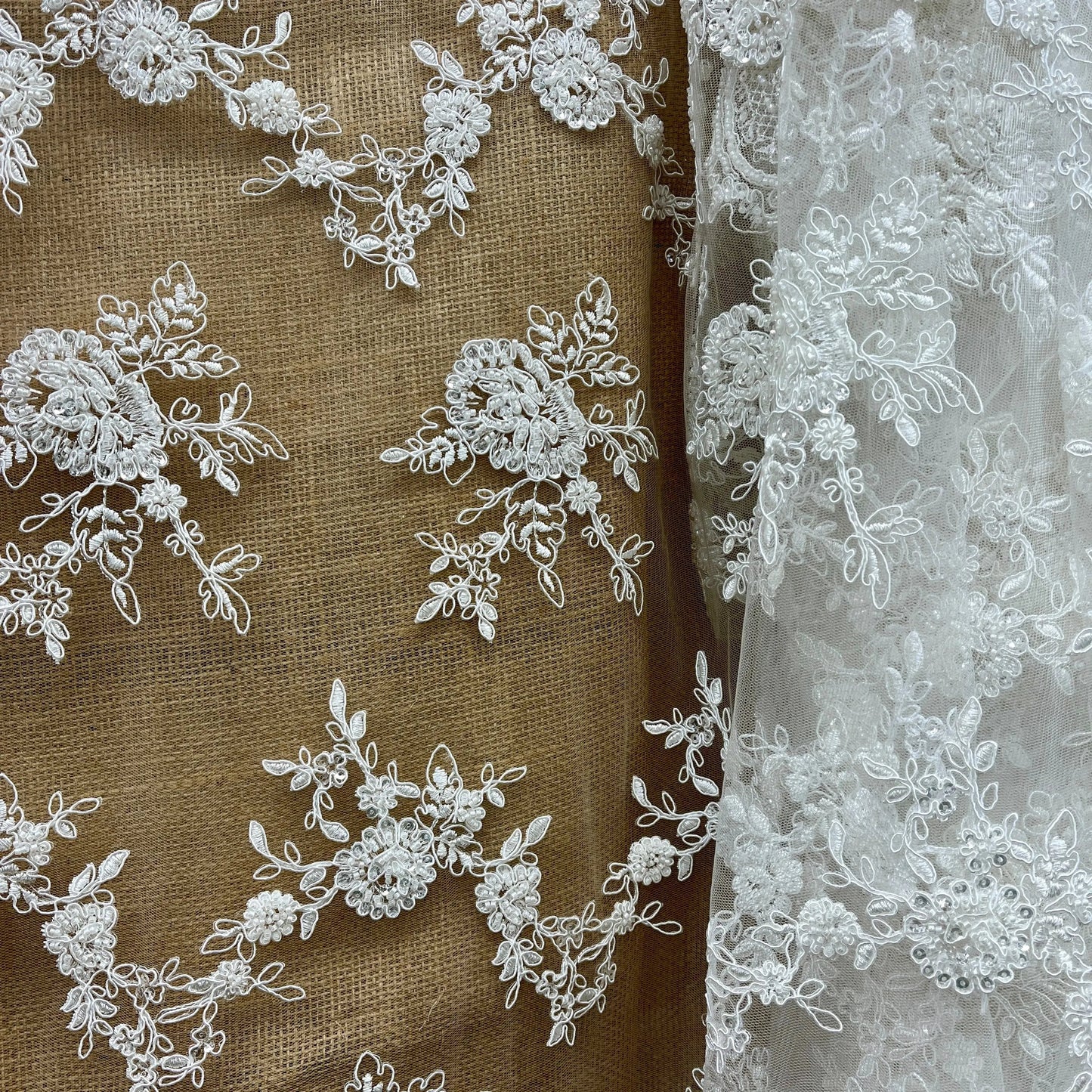 Beaded & Corded Bridal Lace Fabric Embroidered on 100% Polyester Net Mesh | Lace USA - 96788W-HB - Ladjyanoo
