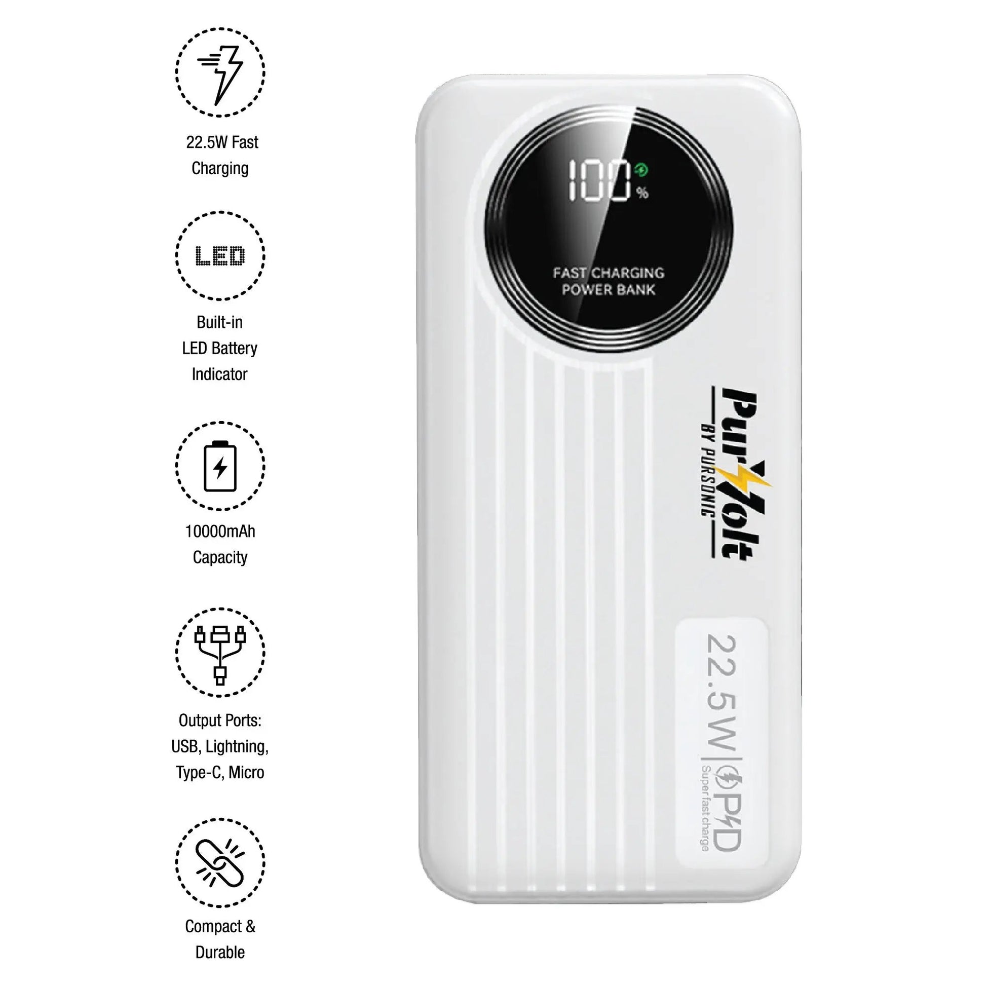 Pursonic 10,000mAh LED Fast Charging Power Bank – Built-in Cables, 22.5W Output, Type-C/USB/Lightning Compatibility - Ladjyanoo