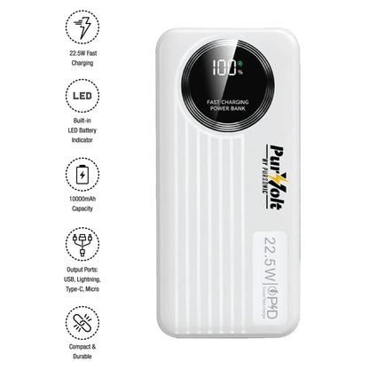 Pursonic 10,000mAh LED Fast Charging Power Bank – Built-in Cables, 22.5W Output, Type-C/USB/Lightning Compatibility - Ladjyanoo