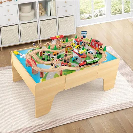 84-Piece Wooden Train Set with Reversible and Detachable Tabletop - Ladjyanoo
