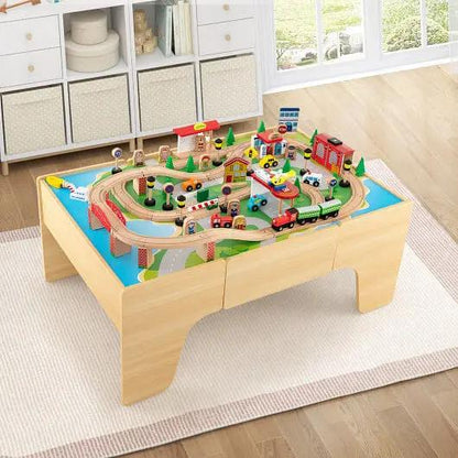 84-Piece Wooden Train Set with Reversible and Detachable Tabletop - Ladjyanoo