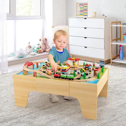 84-Piece Wooden Train Set with Reversible and Detachable Tabletop - Ladjyanoo