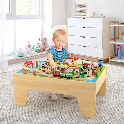 84-Piece Wooden Train Set with Reversible and Detachable Tabletop - Ladjyanoo