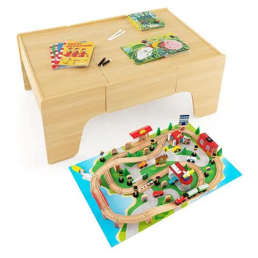 84-Piece Wooden Train Set with Reversible and Detachable Tabletop - Ladjyanoo