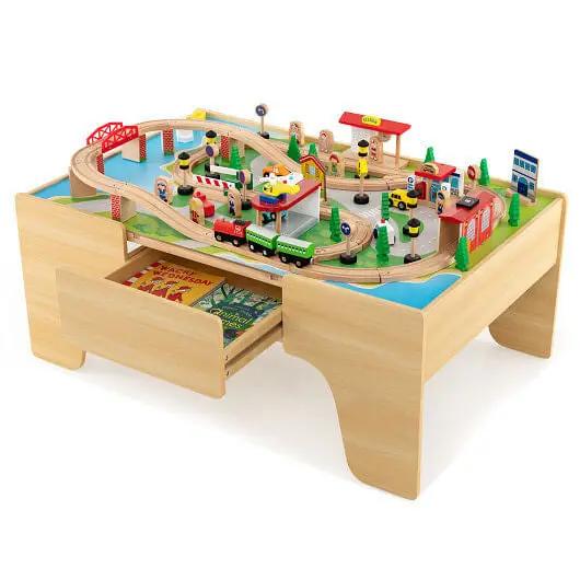 84-Piece Wooden Train Set with Reversible and Detachable Tabletop - Ladjyanoo