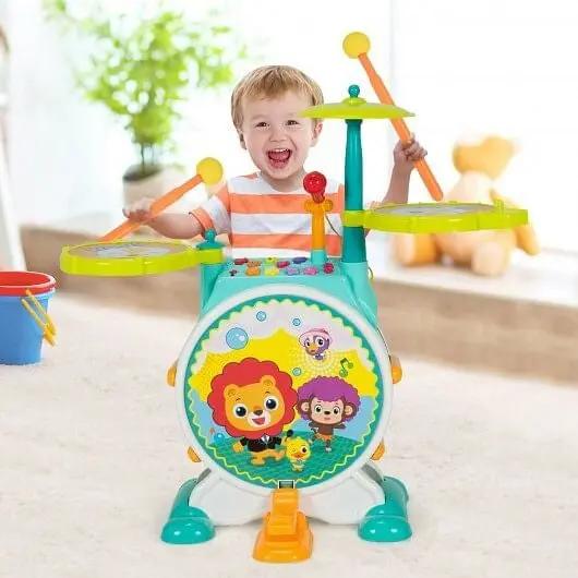 3 Pieces Electric Kids Drum Set with Microphone Stool Pedal - Ladjyanoo