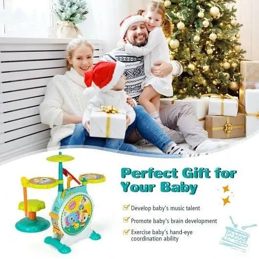 3 Pieces Electric Kids Drum Set with Microphone Stool Pedal - Ladjyanoo