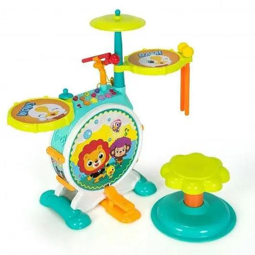 3 Pieces Electric Kids Drum Set with Microphone Stool Pedal - Ladjyanoo