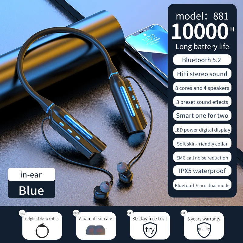 10000Mah 10000Hours Playback Wireless Bluetooth Earphones Magnetic Sports Running Headset Neckband Sport Earbuds Noise Reduction