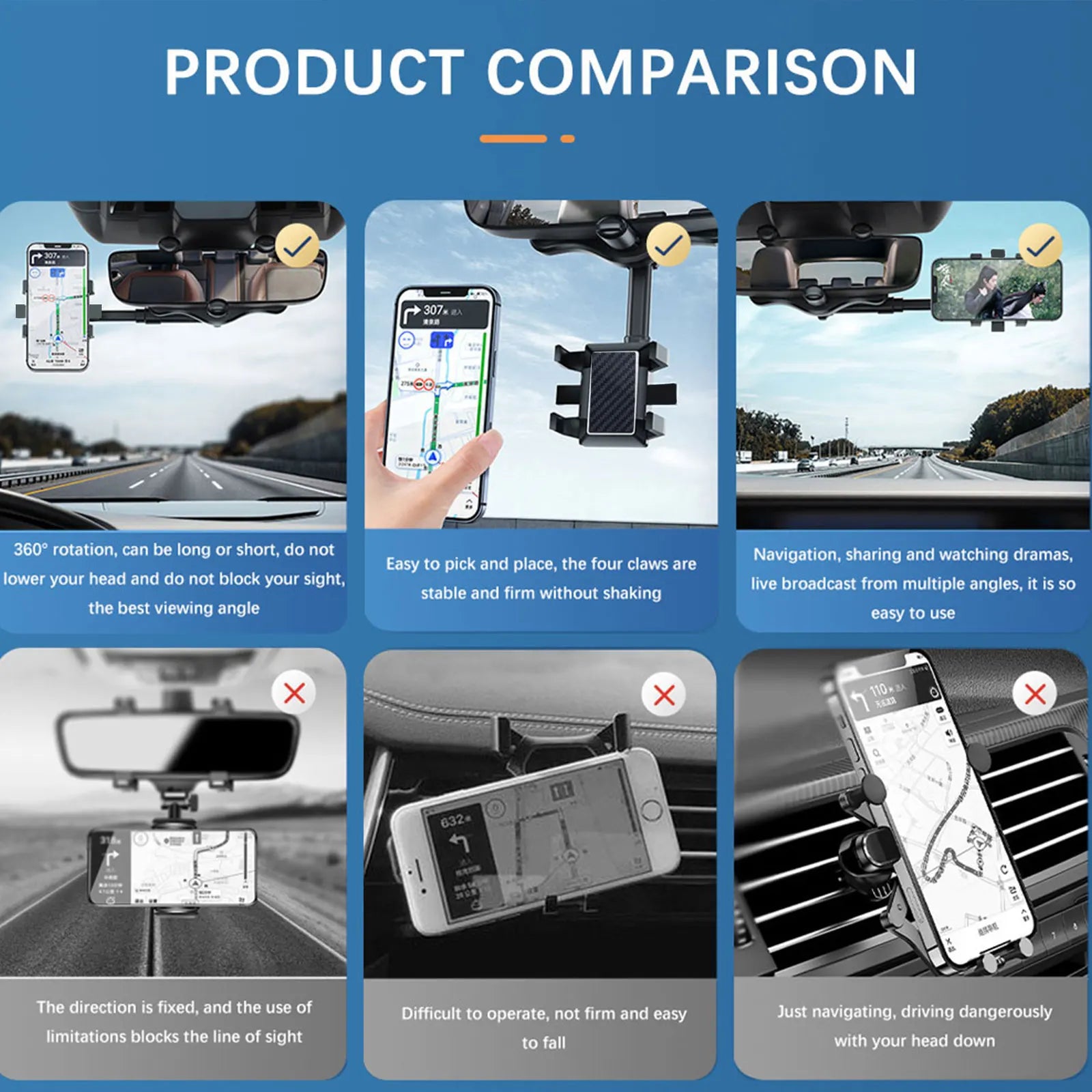 Rearview Mirror Phone Holder for Car Mount Phone and GPS Holder Universal Rotating Adjustable Telescopic Car Phone Holder