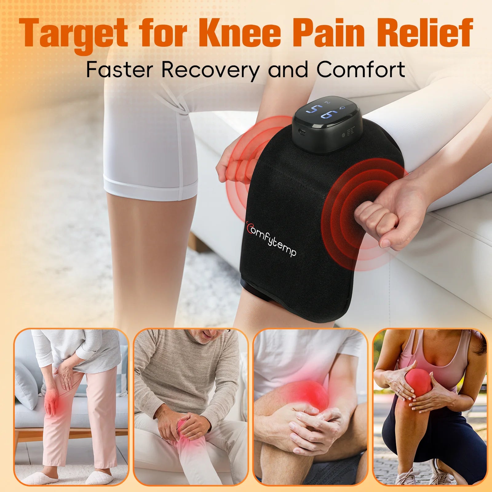 Cordless Knee Massager with Heat Therapy, 9 Heat Settings, 5 Vibration Modes, and App Control for Enhanced Pain Relief