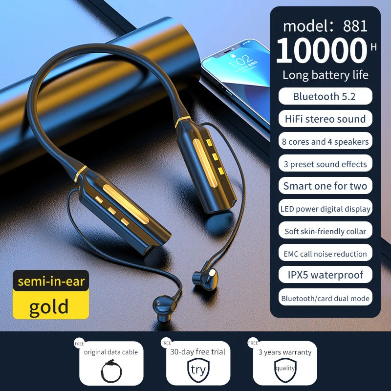 10000Mah 10000Hours Playback Wireless Bluetooth Earphones Magnetic Sports Running Headset Neckband Sport Earbuds Noise Reduction