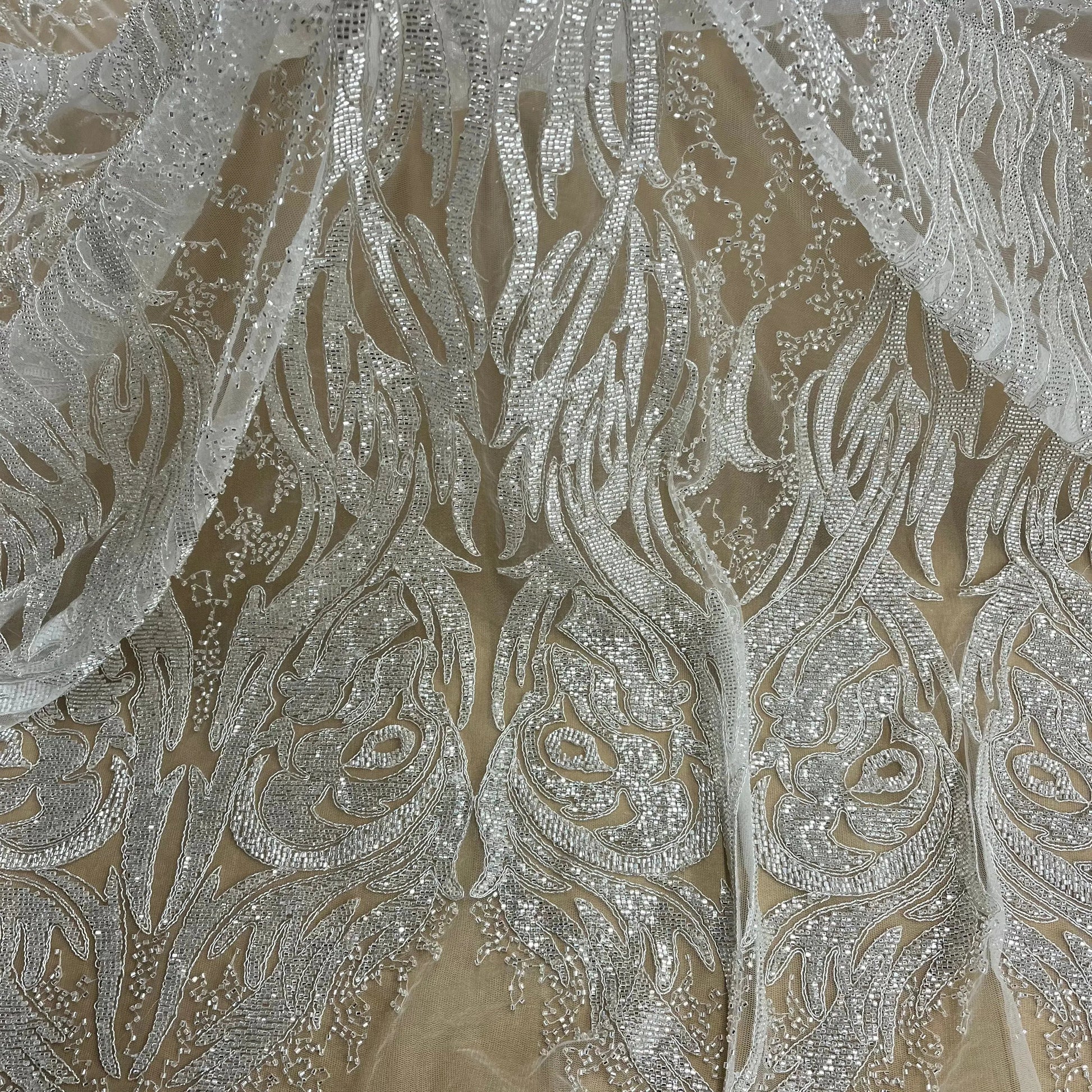Beaded & Corded Bridal Lace Fabric Embroidered on 100% Polyester Net Mesh | Lace USA -GD-12622 - Ladjyanoo