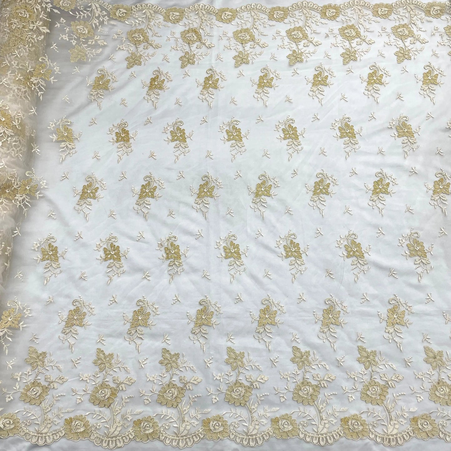 Corded Bridal Lace Fabric Embroidered on 100% Polyester Net Mesh | Lace USA - 97188W - Ladjyanoo