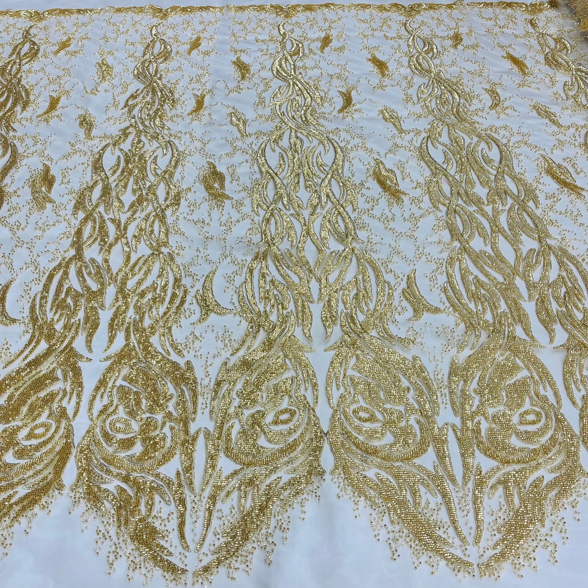 Beaded & Corded Bridal Lace Fabric Embroidered on 100% Polyester Net Mesh | Lace USA -GD-12622 - Ladjyanoo