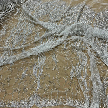 Beaded & Corded Bridal Lace Fabric Embroidered on 100% Polyester Net Mesh | Lace USA -GD-12622 - Ladjyanoo